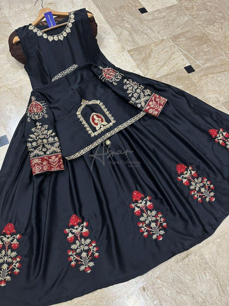 2 Pcs Women's Stitched Silk Embroidered Maxi and Jacket