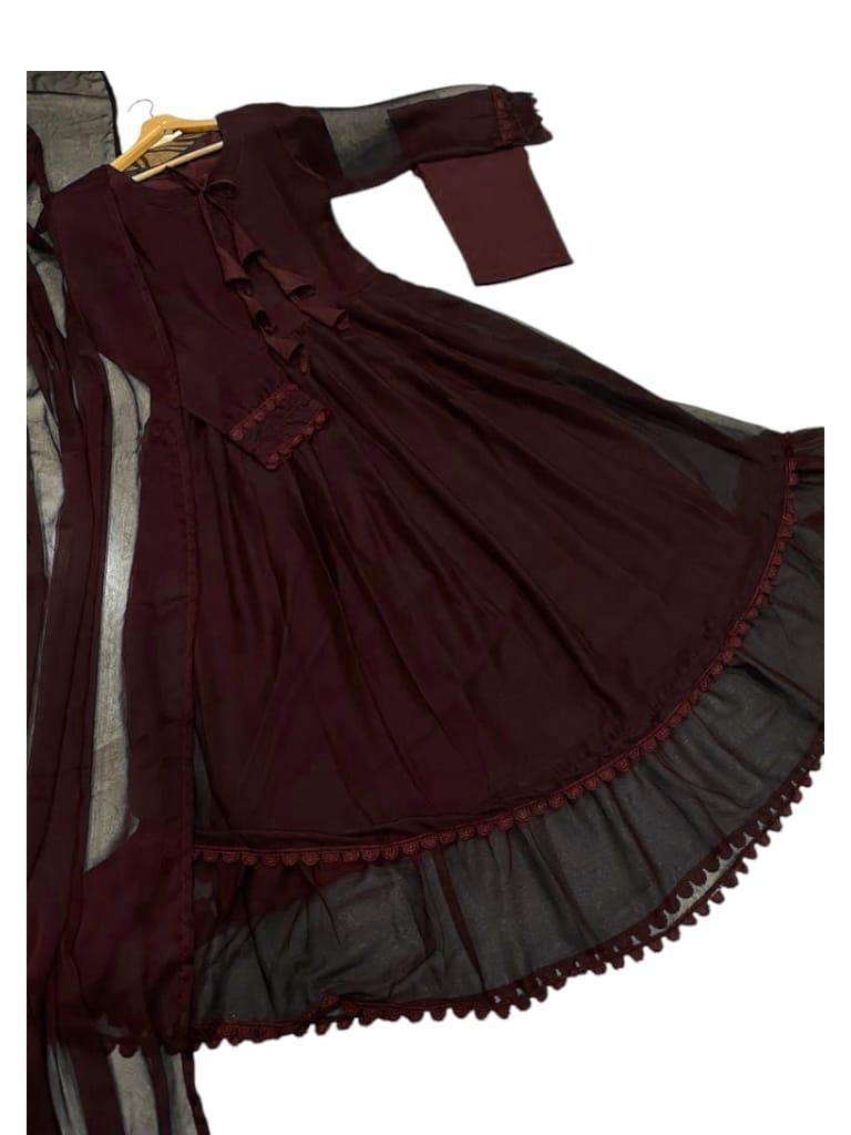 3 Pcs Women's Stitched Chiffon Embroidered Maxi Suit (Limited)