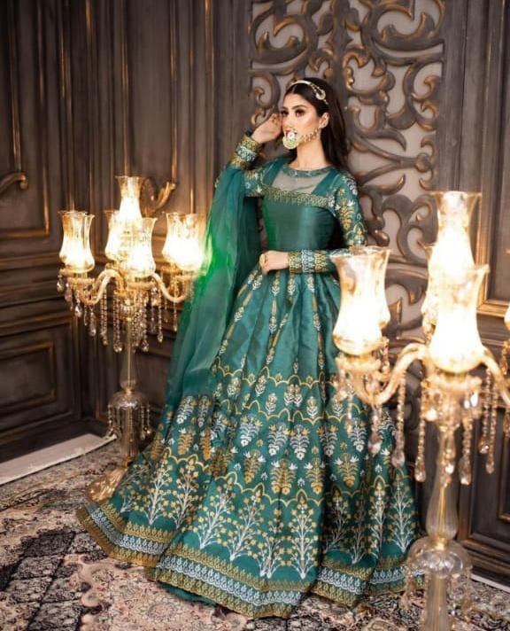 3 Pcs Women's Stitched Katan Silk Embroidered Maxi Suit (Limited)