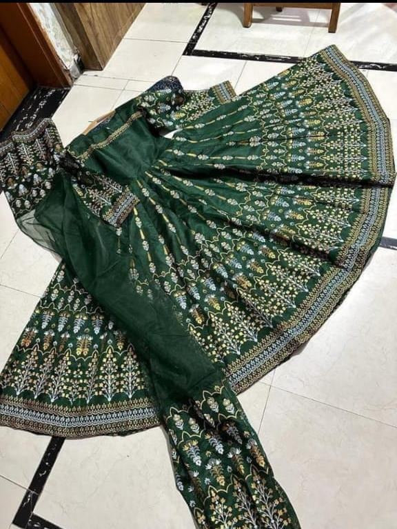 3 Pcs Women's Stitched Katan Silk Embroidered Maxi Suit (Limited)