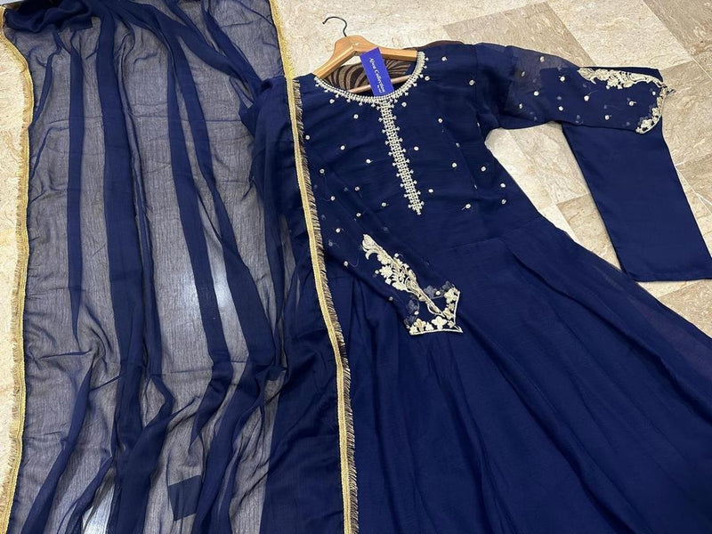 Chic Blue Chiffon Maxi Suit - 3 Pcs Ensemble