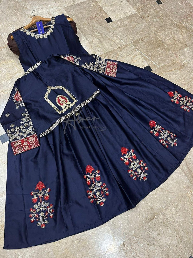 2 Pcs Women's Stitched Silk Embroidered Maxi and Jacket
